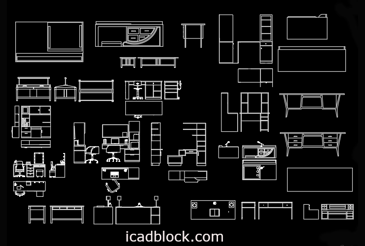 Qui in questa pagina abbiamo fornito una raccolta di blocchi CAD per scrivania da studio DWG. Questi modelli sono disegnati in viste in pianta e in prospetto.