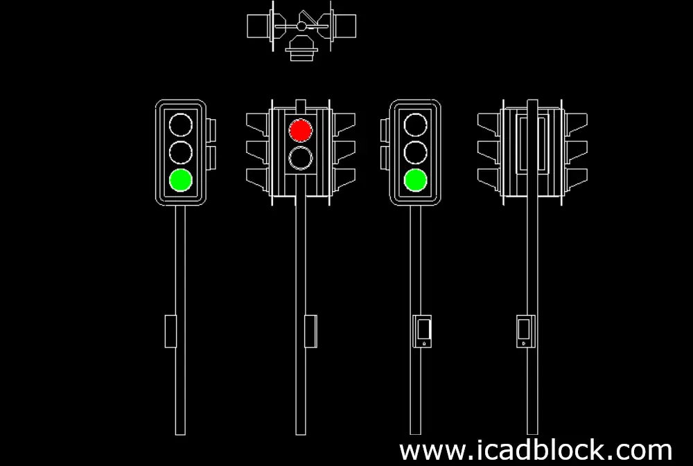 dwg traffic light in front, top, left, right views