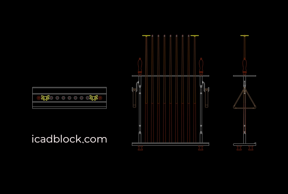 Bloque CAD de soporte para palos de billar