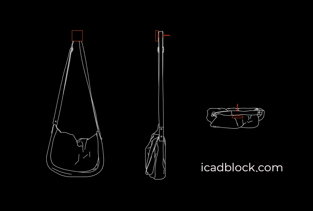Aquí está uno de los bloques CAD más descargados, Bolso bandolera en AutoCAD. Este bloque CAD se dibuja en 3 vistas (superior, frontal y lateral).