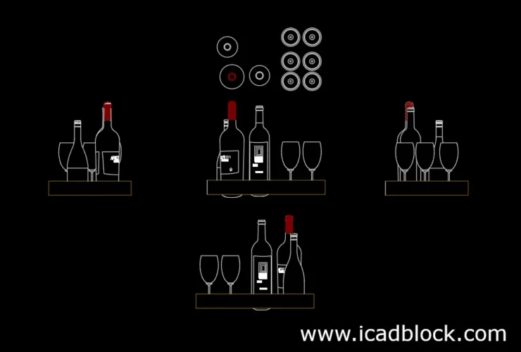 wine bottle with glasses dwg cad block