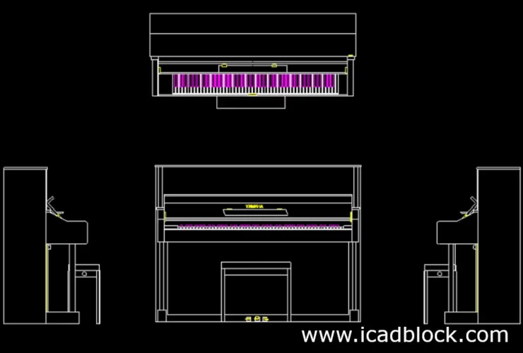 2d piano cad block in plan and elevation views