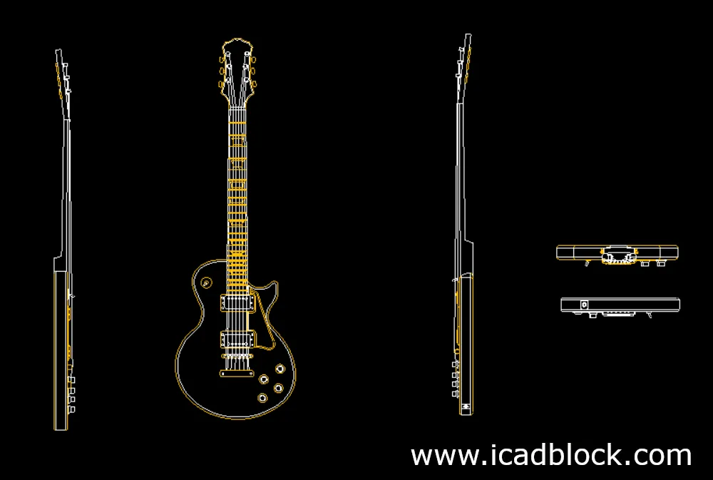 Today we have provided another guitar CAD Block in DWG format. like our other CAD Blocks we have drawn these 2D models in multi views. As you can see this free guitar CAD Block is drawn in high quality and details in 5 views (front, top, left, right, bottom) This model is so beautiful and is colored that you can use it in the AutoCAD projects in plan and elevation views.