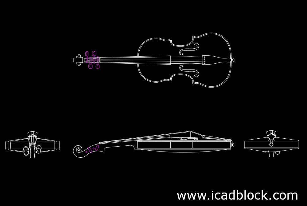 Bloque CAD de violín en 4 vistas