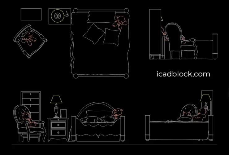 Single bed and a teddy bear on it AutoCAD
