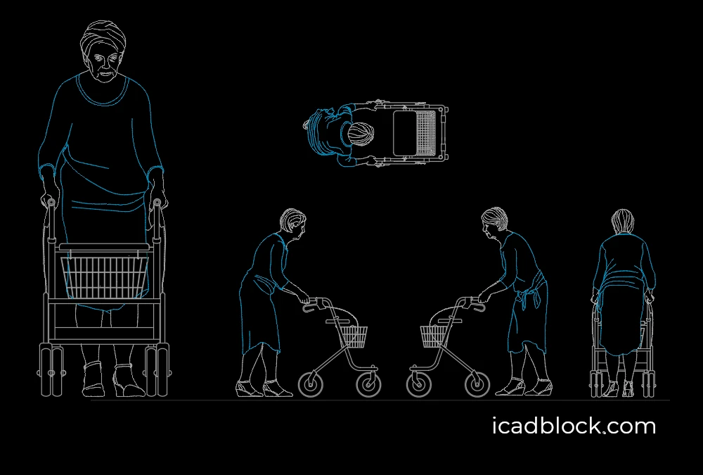 Old woman with a shopping cart CAD Block