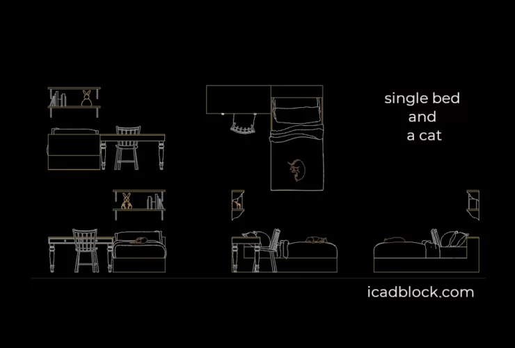 Single bed and a cat sleeping on it AutoCAD file