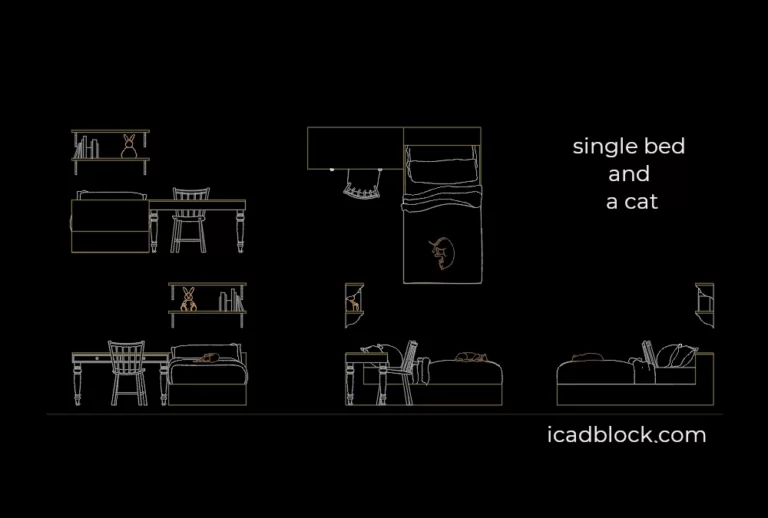 Single bed and a cat sleeping on it AutoCAD file